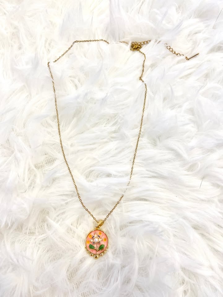 Vintage Floral Enamel Necklace – Pink Rose Pendant - photo 2