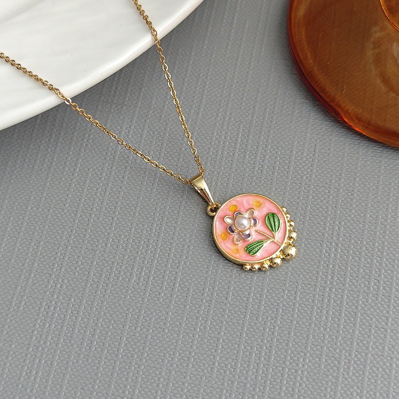 Vintage Floral Enamel Necklace – Pink Rose Pendant - photo 3