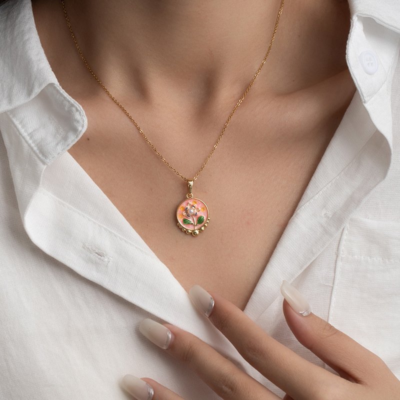 Vintage Floral Enamel Necklace – Pink Rose Pendant - photo 4