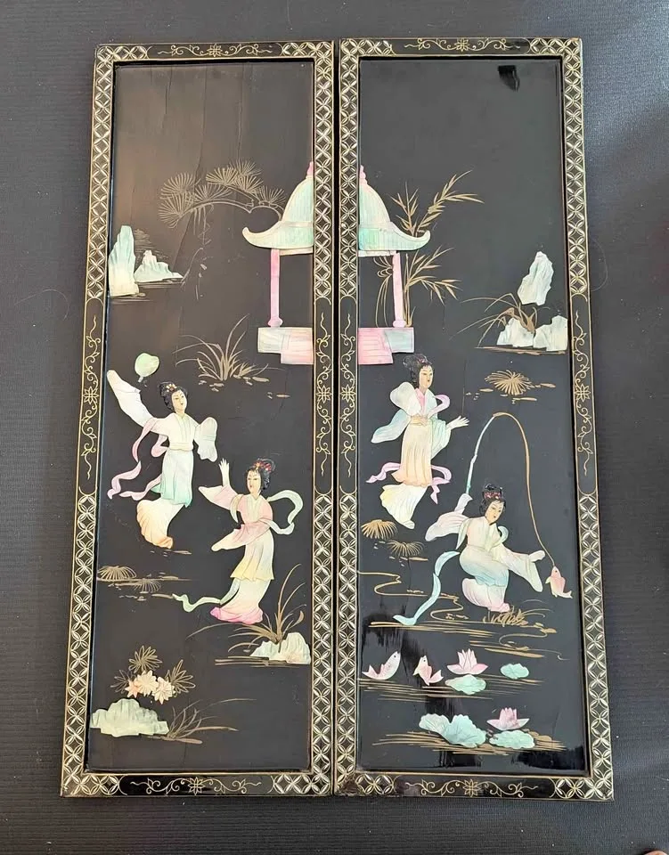 Beautiful Vintage Chinese Black Lacquer Wall Art Panels thumbnail