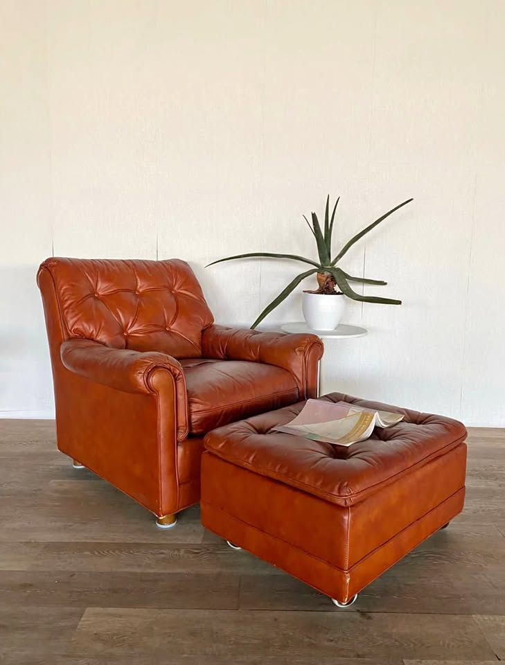 Vintage Leather Lounge Chair and Ottoman by Drexel