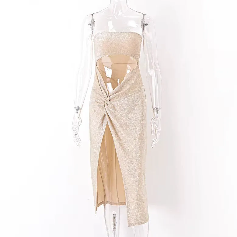 Strapless Cut Out High Slit Bodycon Dress Sz S image indicator(3)