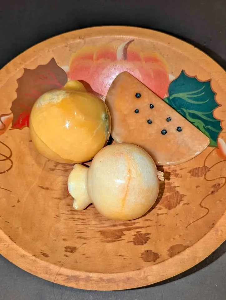 3 Stone Carved Fruit in wood bowl thumbnail