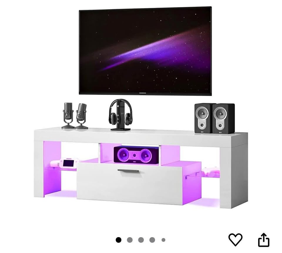 White Modern LED TV Stand with Shelves and Storage