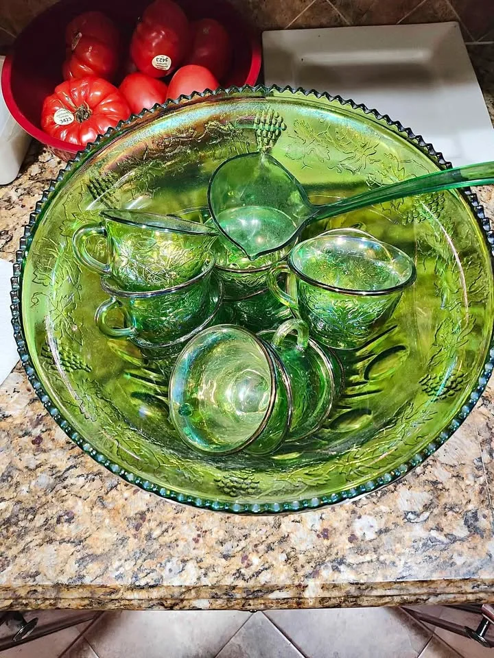 Green Iridescent carnival glass punch bowl set thumbnail