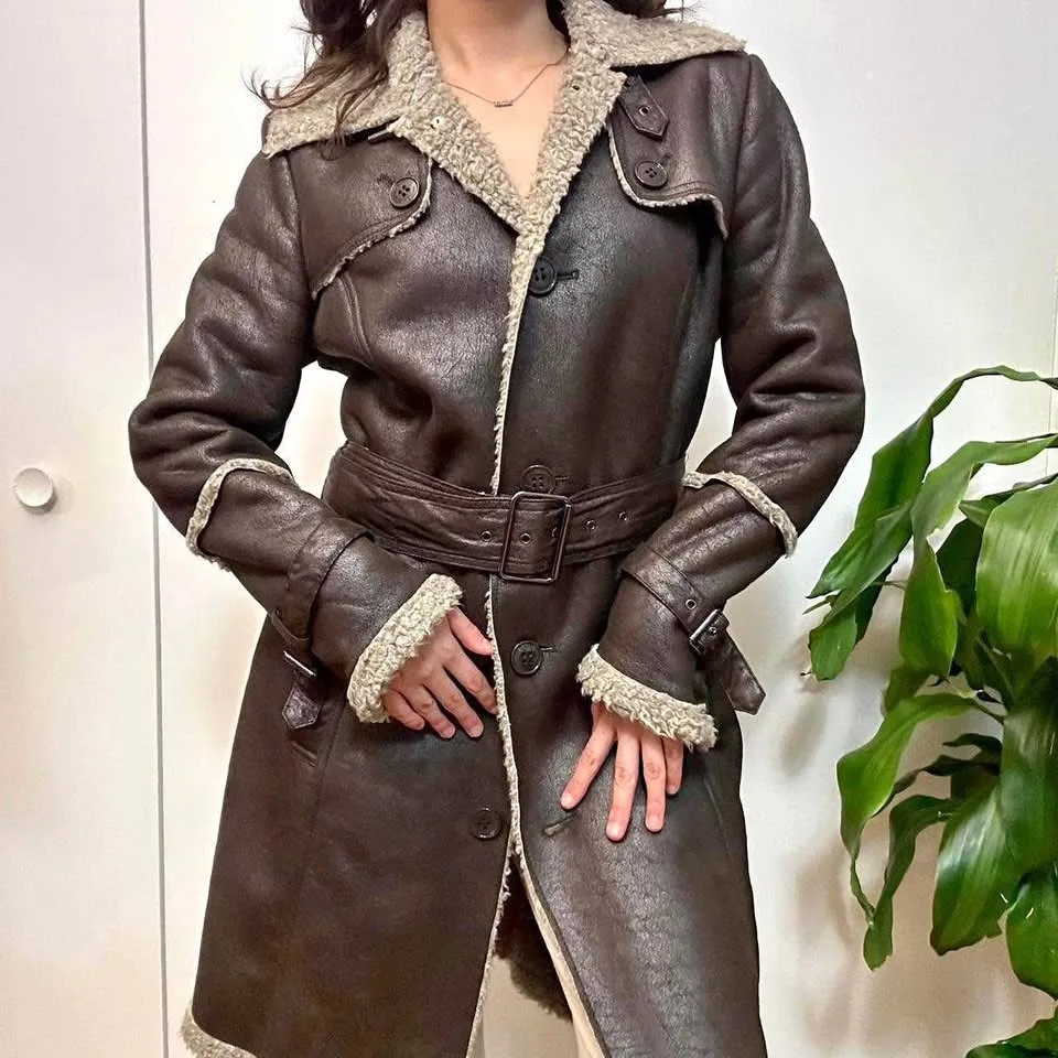 Vintage Brown Faux Leather Sherpa Trim Trench thumbnail