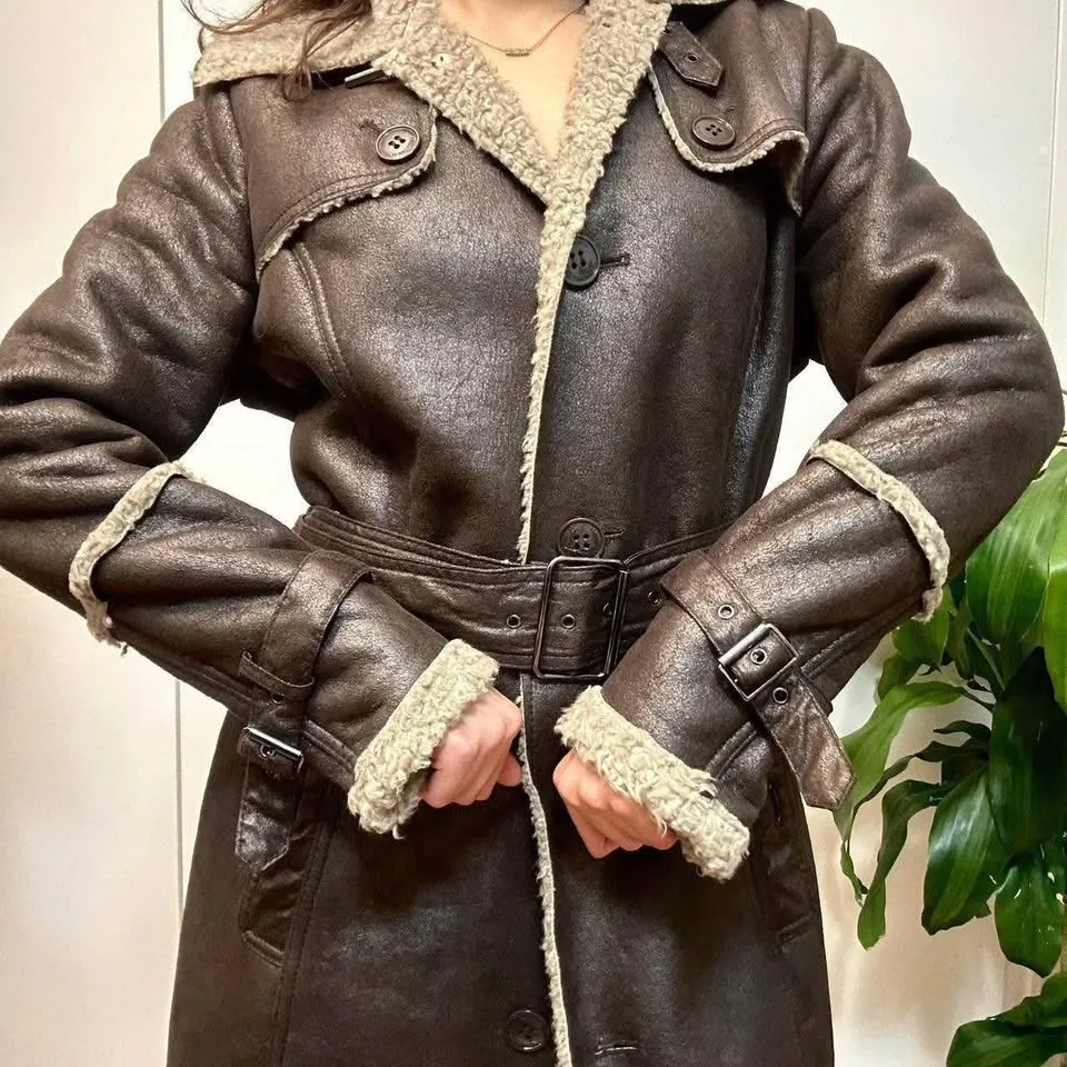 Vintage Brown Faux Leather Sherpa Trim Trench image indicator(2)