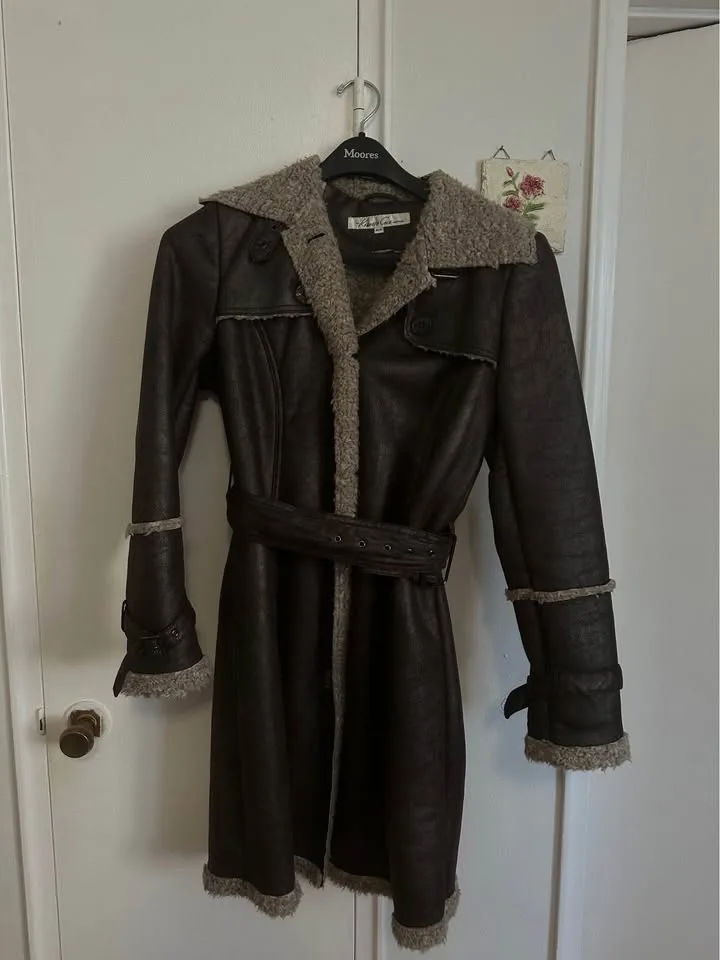 Vintage Brown Faux Leather Sherpa Trim Trench image indicator(3)