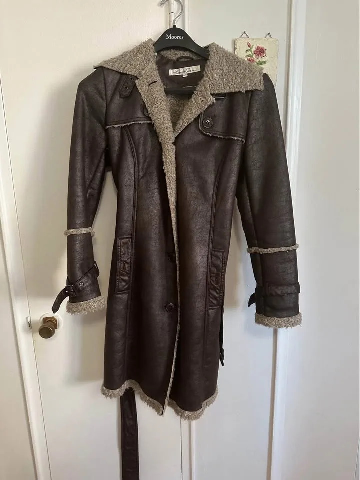 Vintage Brown Faux Leather Sherpa Trim Trench image indicator(4)