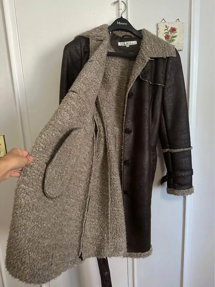 Vintage Brown Faux Leather Sherpa Trim Trench image indicator(5)