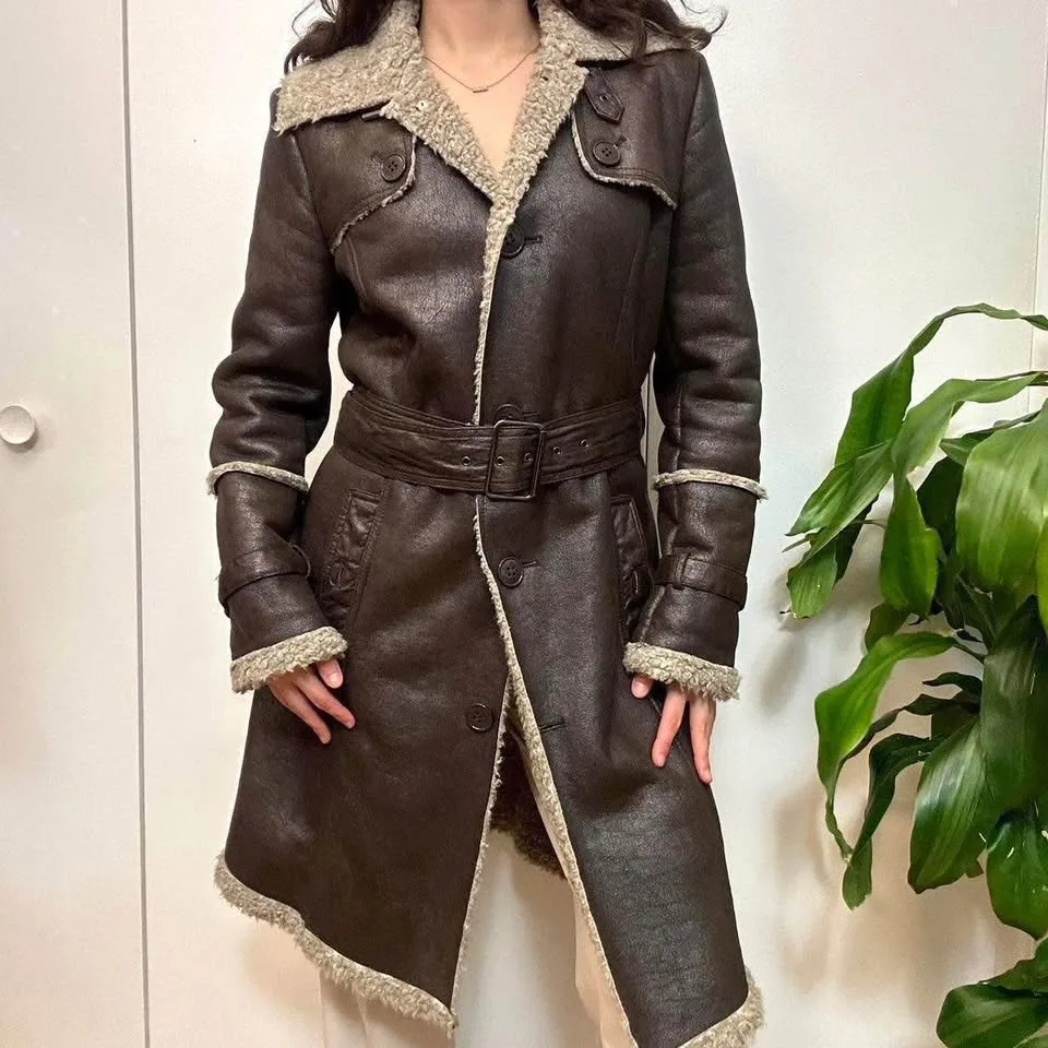 Vintage Brown Faux Leather Sherpa Trim Trench image indicator(6)