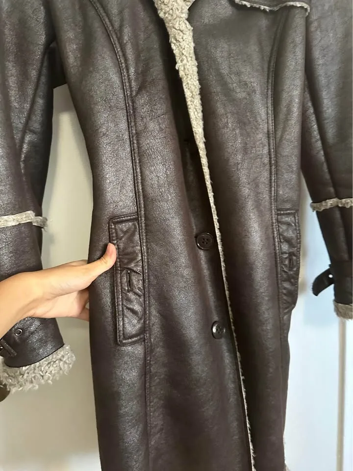 Vintage Brown Faux Leather Sherpa Trim Trench image indicator(7)