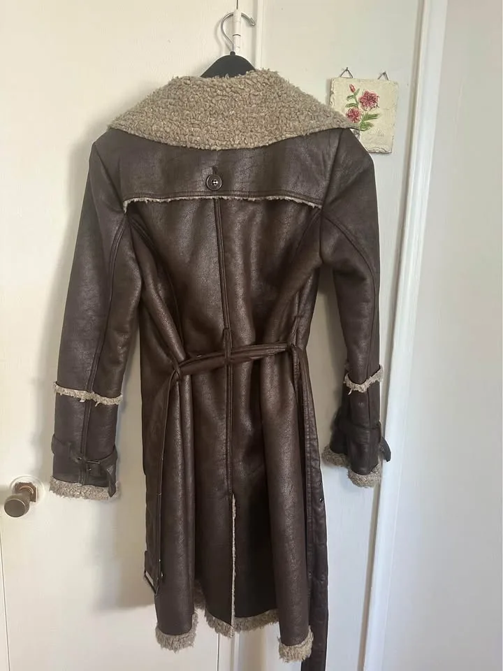 Vintage Brown Faux Leather Sherpa Trim Trench image indicator(8)