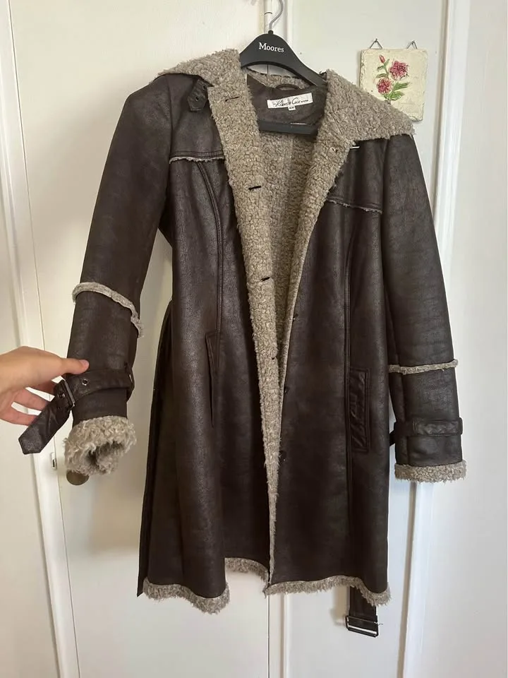 Vintage Brown Faux Leather Sherpa Trim Trench image indicator(10)
