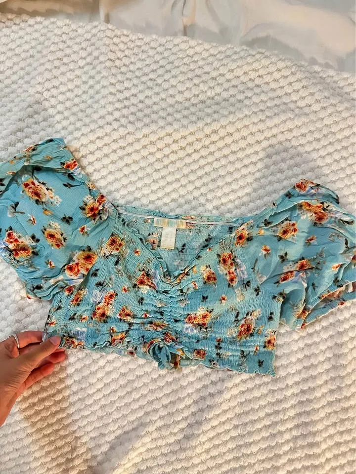Blue Floral Off Shoulder Crop Top thumbnail