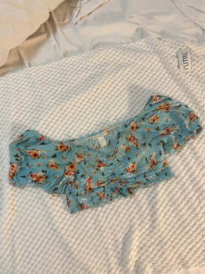 Blue Floral Off Shoulder Crop Top - photo 2