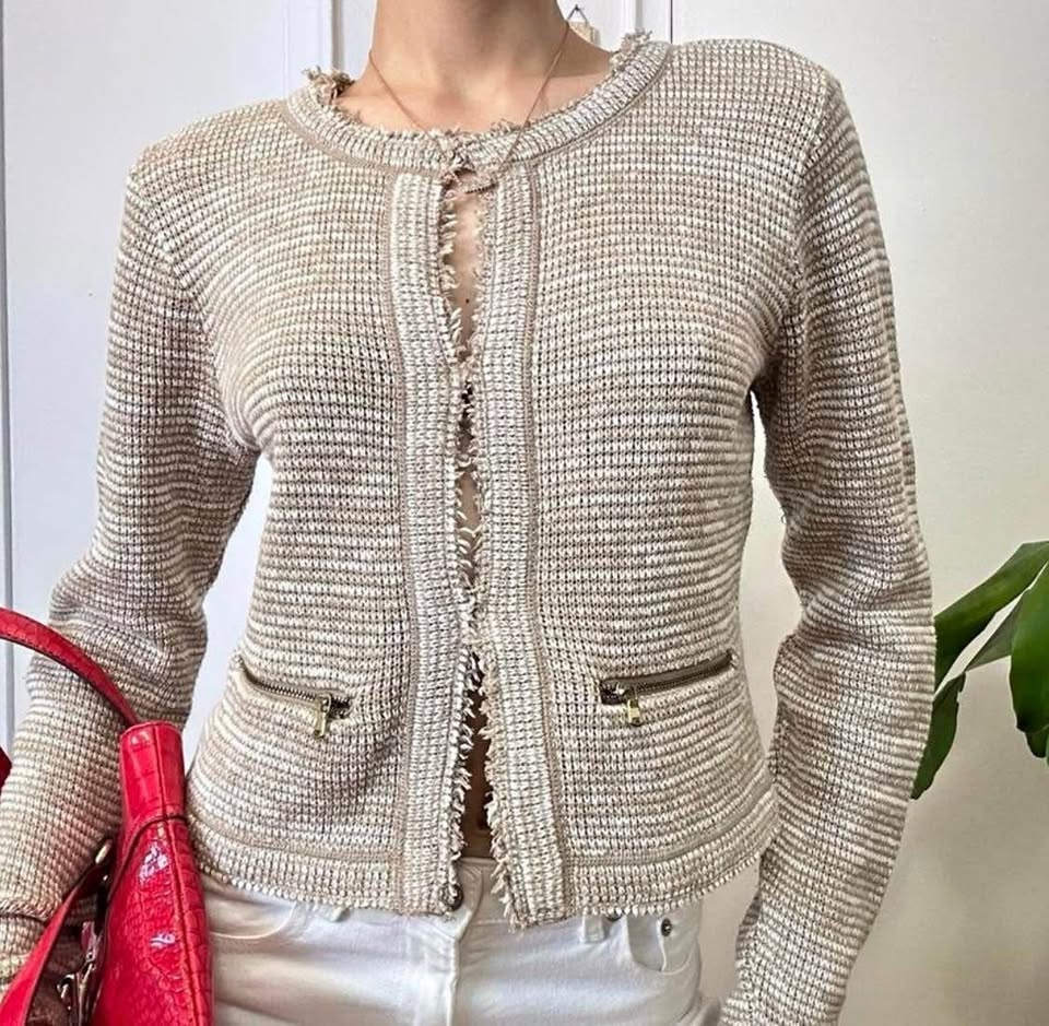 Tweed Beige & White Button-Up Sweater