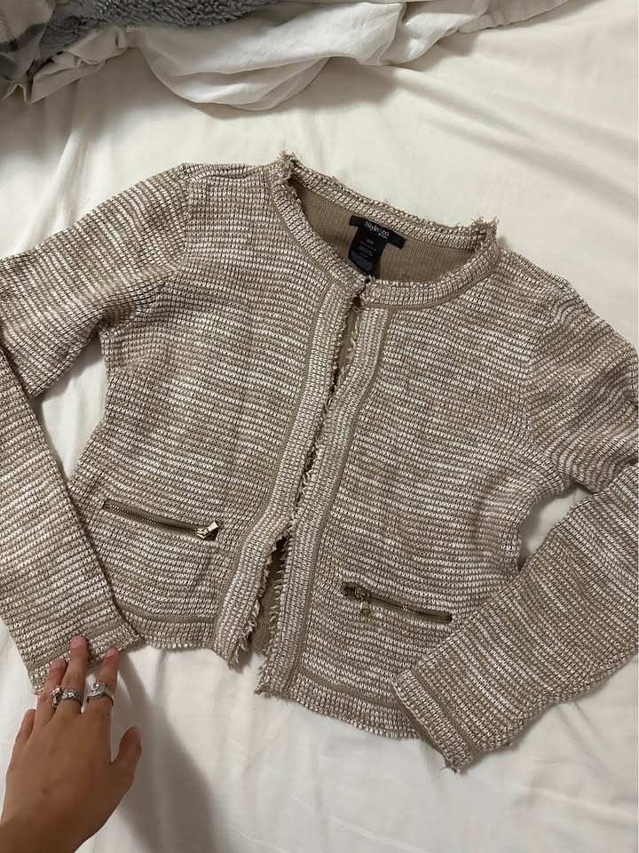 Tweed Beige & White Button-Up Sweater - photo 2