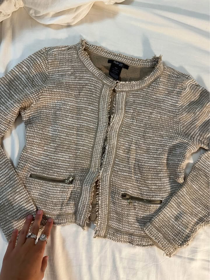 Tweed Beige & White Button-Up Sweater - photo 3