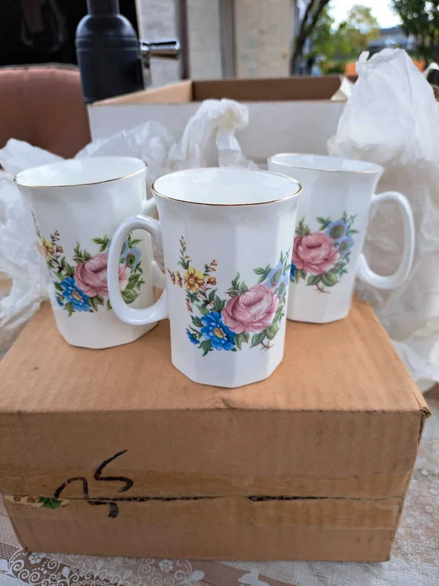 Vintage 3 Crown Ceramics Floral Octagonal Mugs thumbnail