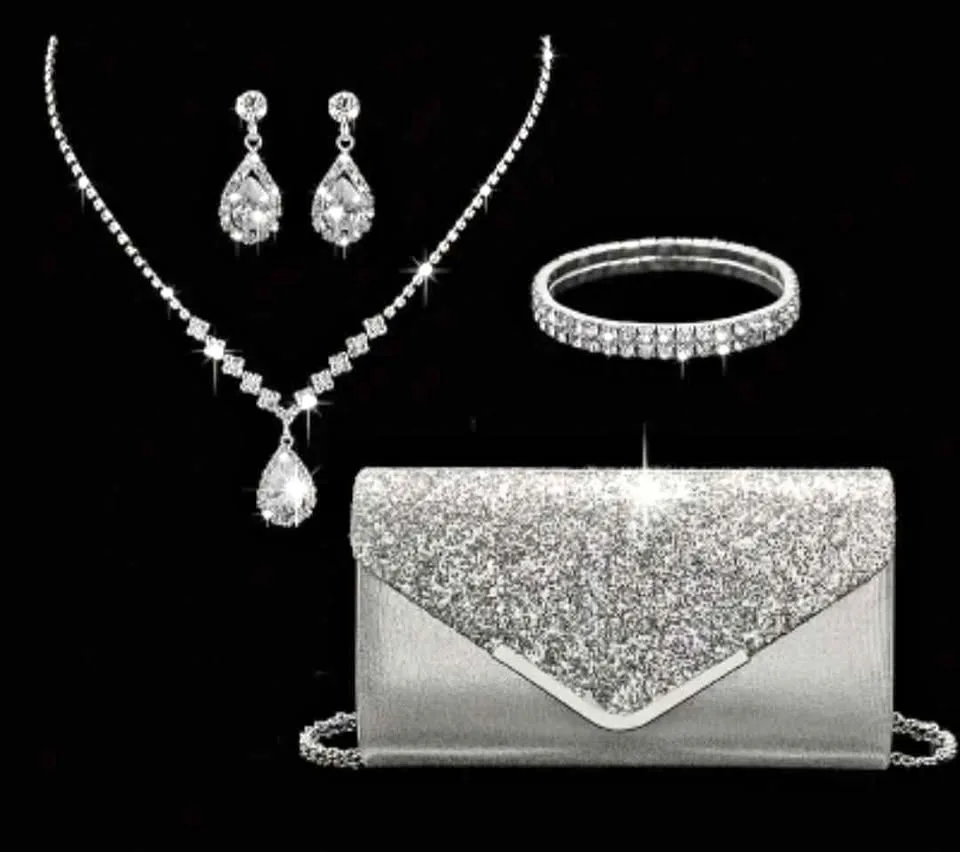 Brand new sparkling glitter evening bag with jewelry combo set thumbnail