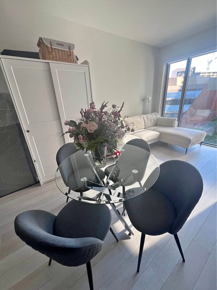 Modern Glass Dining Table + 4 Quilted Grey Chairs