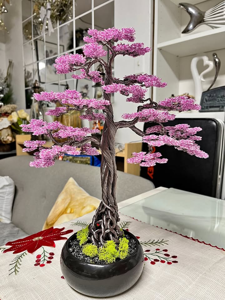 Handcrafted Cherry Blossom Aluminum Bonsai Tree – $120