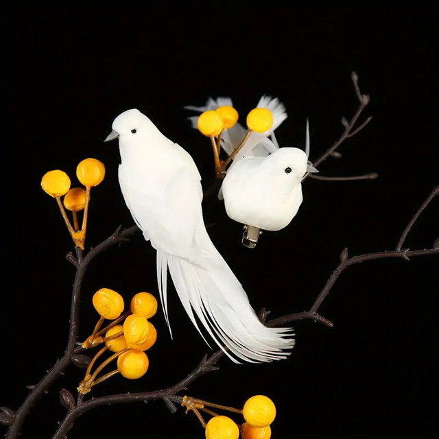 12 pcs White Feather Foam Bird with Clips