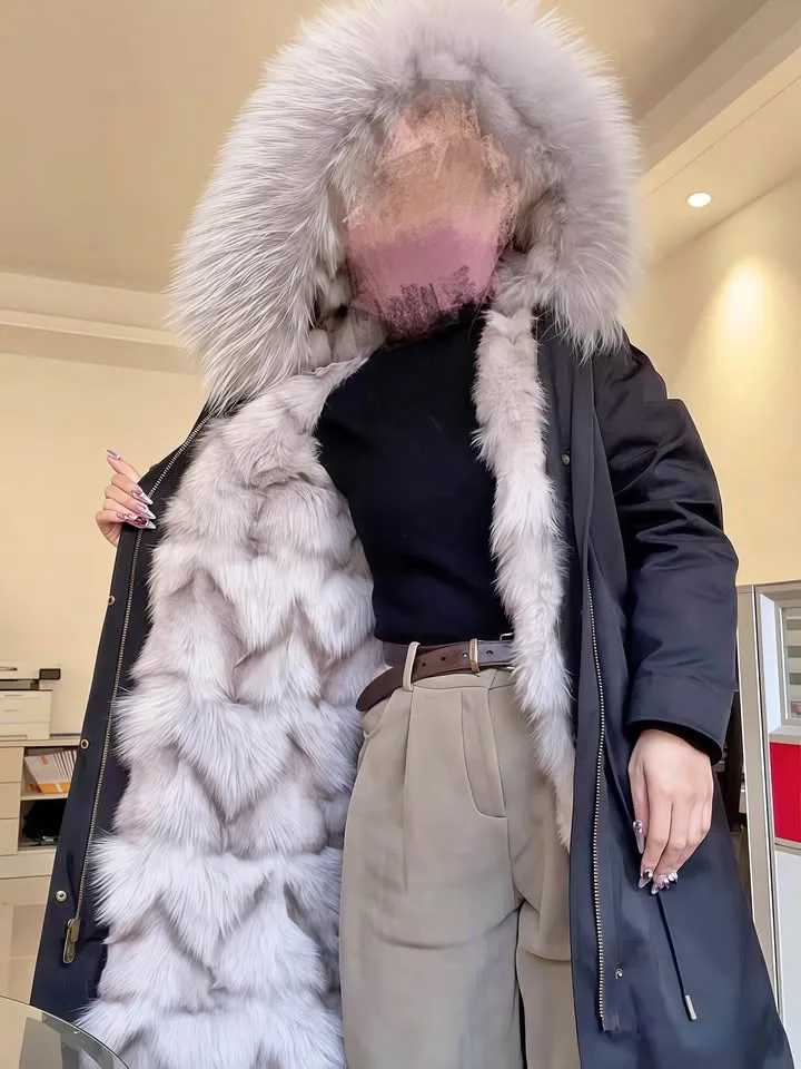 Luxury Women Winter Coat Parka Black Jacket Detachable Fur M/L thumbnail