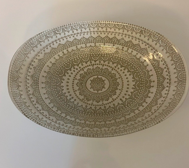 Oval Glass Serving Bowl White and Metallic Silver Patterned