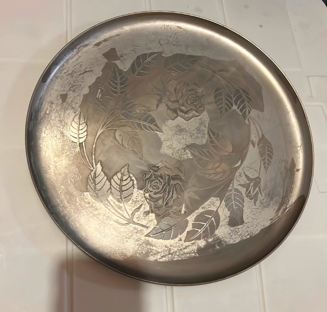Vintage Aluminum Serving Tray with Floral Pattern For Sale