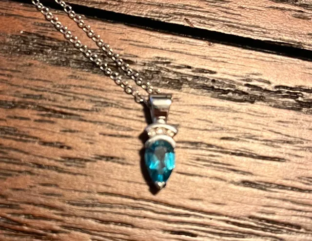 Light Blue Gemstone Teardrop Pendant Silver Necklace Chain thumbnail