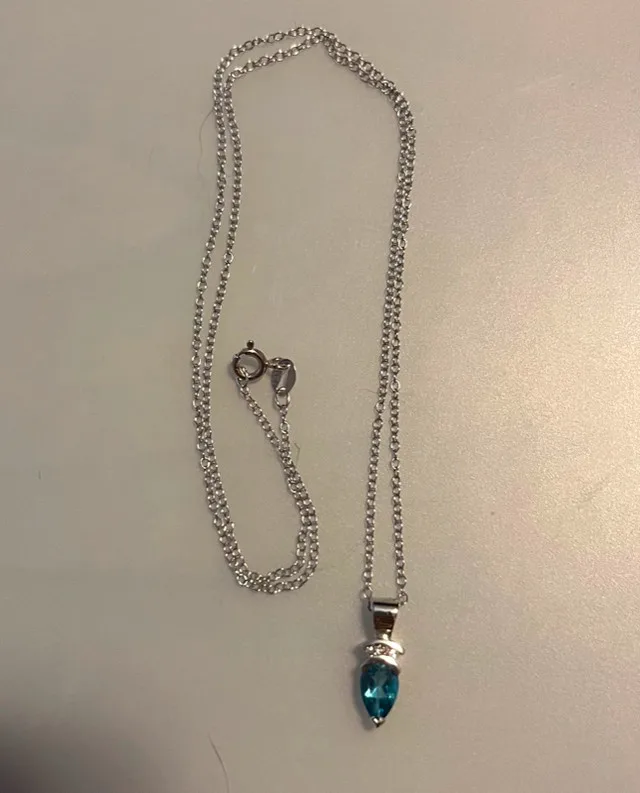 Light Blue Gemstone Teardrop Pendant Silver Necklace Chain image indicator(2)