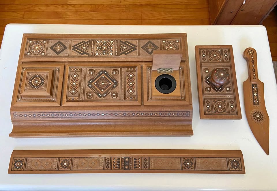 Vintage 1940s-era wooden desktop set with mother of pearl inlay