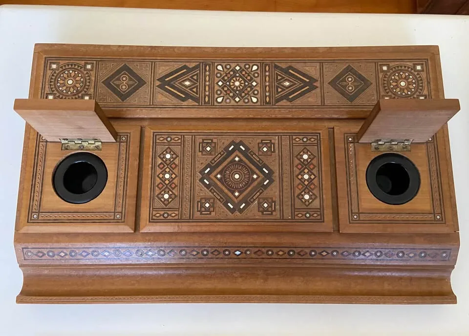 Vintage 1940s-era wooden desktop set with mother of pearl inlay image indicator(2)