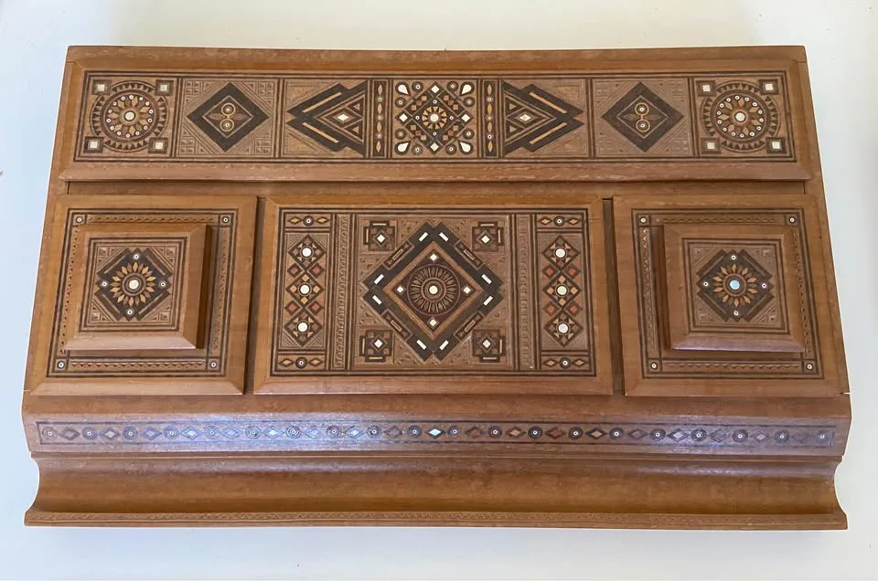 Vintage 1940s-era wooden desktop set with mother of pearl inlay image indicator(7)