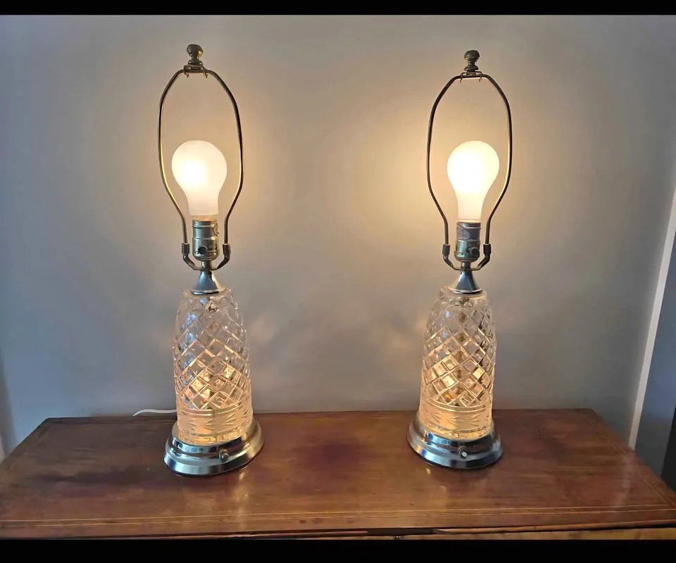 Pair of Cut Crystal Lamp Bases, lights in base. No lamp shades thumbnail