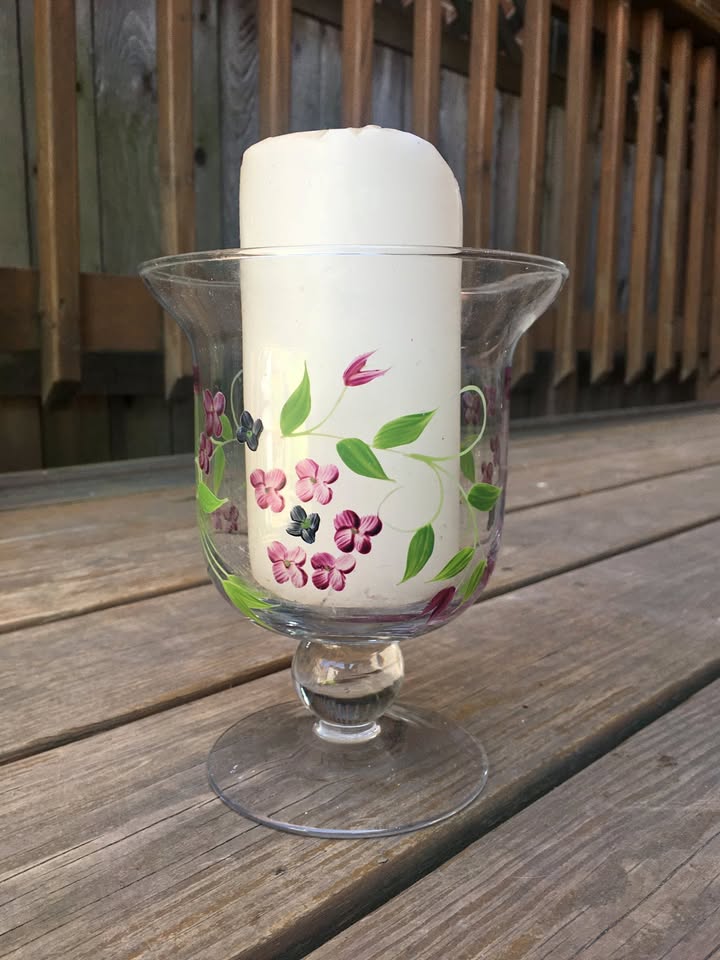 Hand Painted Glass Candle Holder/Vase - 6.75” Tall