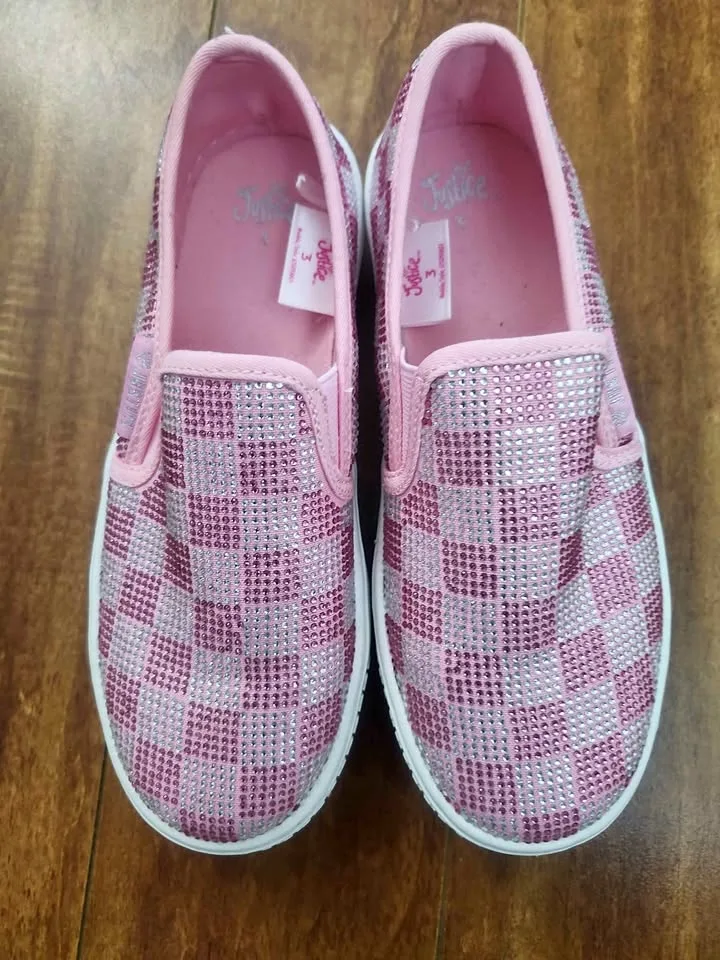 ✨ Justice Girls Pink Sparkly Slip-On Shoes – Size 3 Youth 👟💖 thumbnail
