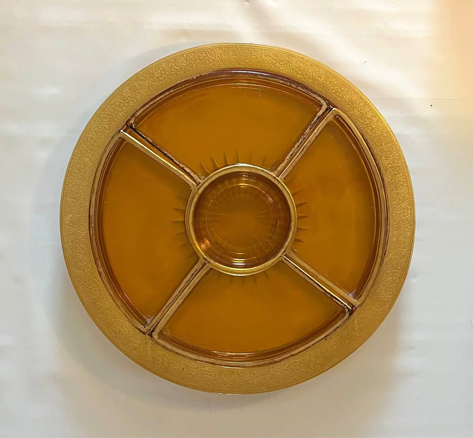 Depression-era Amber Glass Relish Dish With Gold Trim