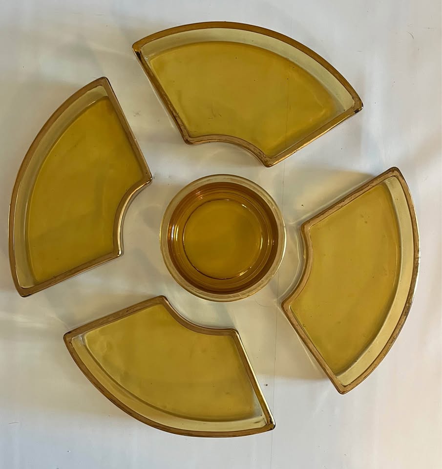 Depression-era Amber Glass Relish Dish With Gold Trim - photo 3