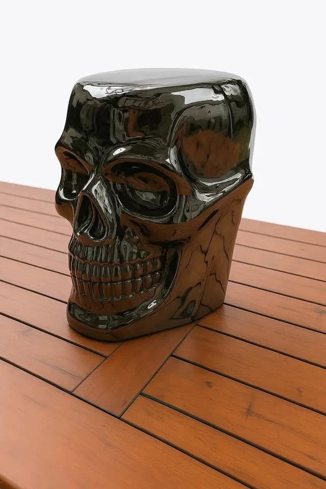 LARGE MEXICAN SILVER METALLIC SKULL STOOL/SIDE TABLE image indicator(2)