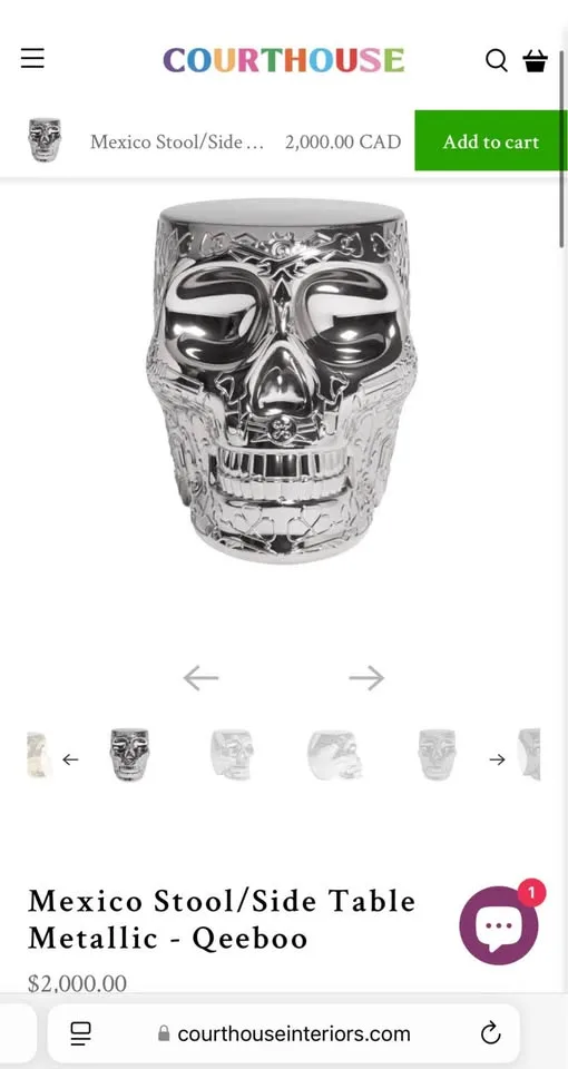 LARGE MEXICAN SILVER METALLIC SKULL STOOL/SIDE TABLE image indicator(4)