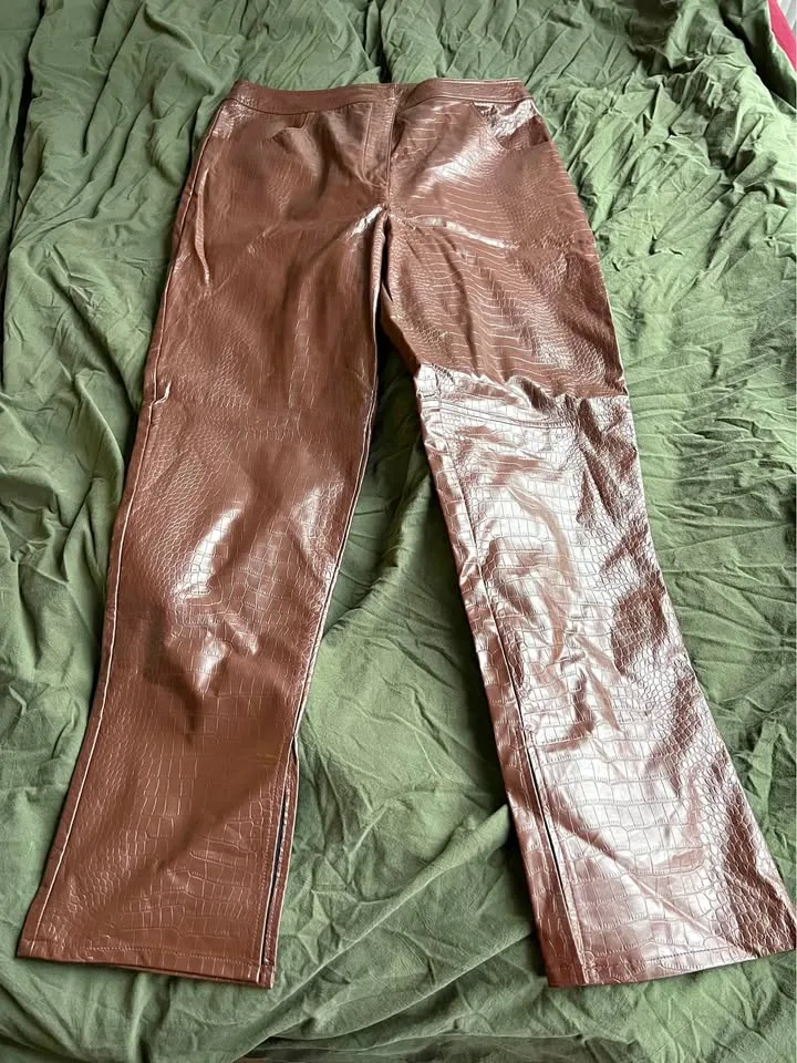 Faux croc leather pants ASOS chocolate brown high waist trousers image indicator(3)