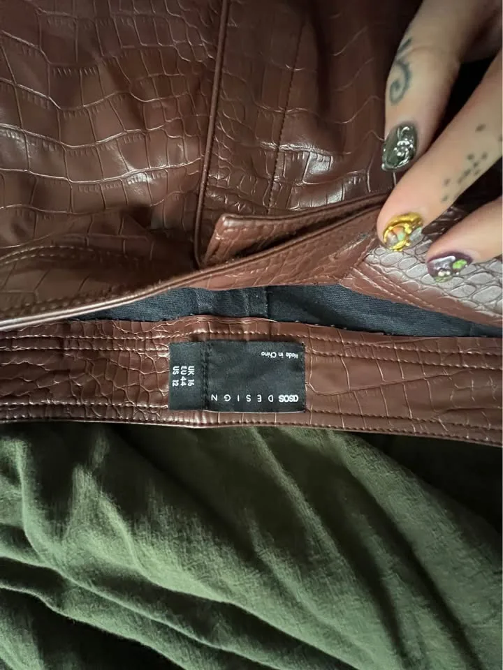 Faux croc leather pants ASOS chocolate brown high waist trousers image indicator(5)