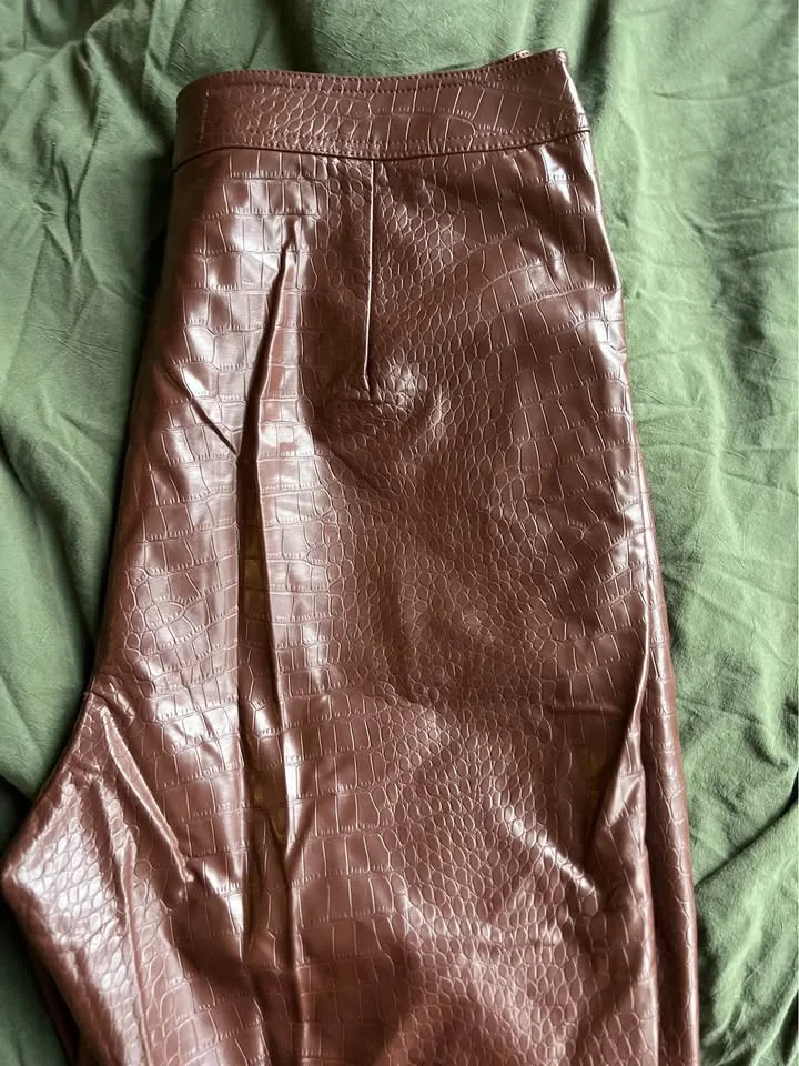Faux croc leather pants ASOS chocolate brown high waist trousers image indicator(6)