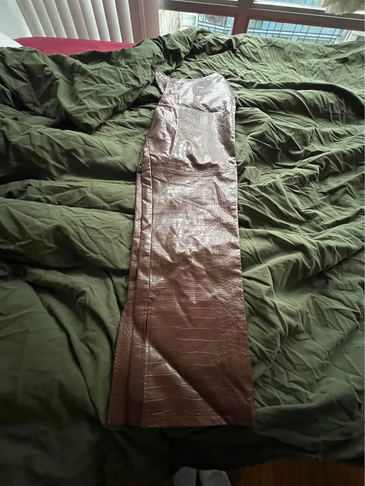 Faux croc leather pants ASOS chocolate brown high waist trousers image indicator(7)