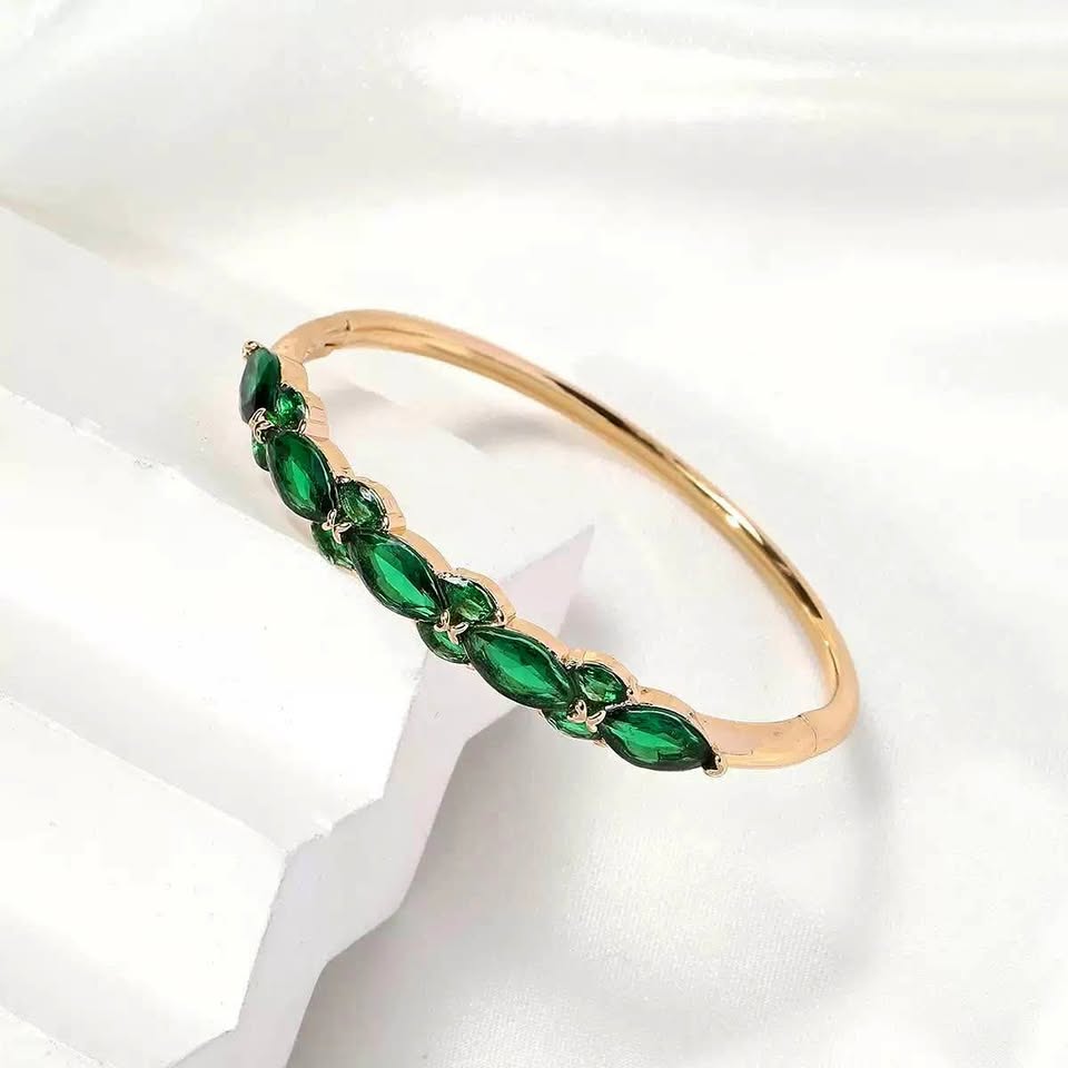 Gold-Plated Bangle Bracelet w/ Green Gemstones