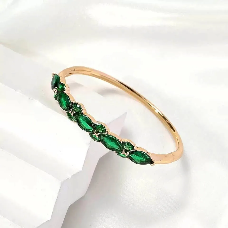 Gold-Plated Bangle Bracelet w/ Green Gemstones thumbnail