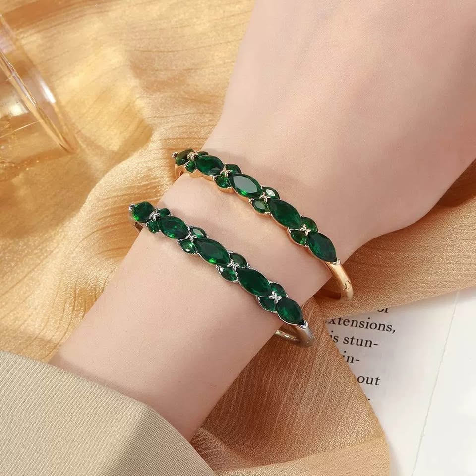Gold-Plated Bangle Bracelet w/ Green Gemstones - photo 2